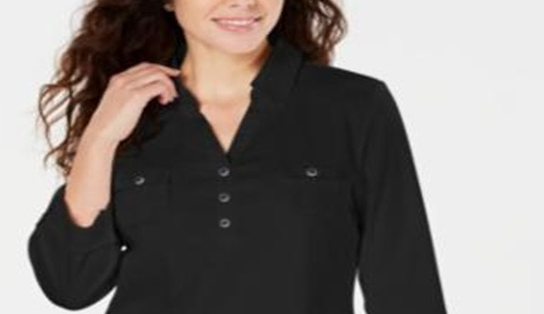 Camisa polo feminina Karen Scott manga 3/4 preta tamanho pequeno P