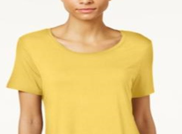 Blusa feminina com bainha curta e manga curta da coleção JM, amarela, tamanho pequeno G