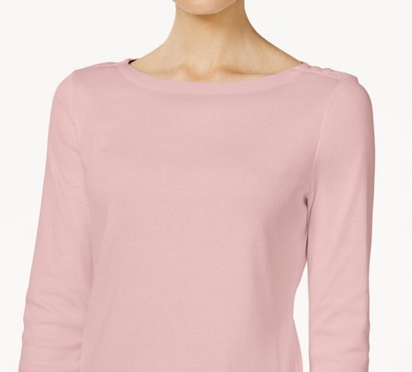 Charter Club Petite Pima Cotton Top com botões e ombros de fora, tamanho pequeno S, rosa