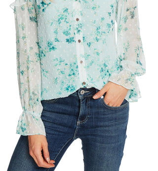 CeCe Women's Breezy Bouquet Clip Dot Long Sleeve Blouse Aqua Size Medium