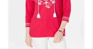 Camisa feminina de algodão bordado estilo camponês Charter Club, rosa, tamanho pequeno P