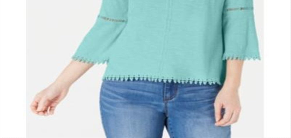 Blusa feminina estilo &amp; Co com acabamento em crochê e manga lanterna, azul claro, tamanho pequeno G