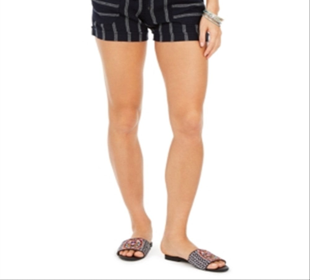 Shorts femininos listrados de linho misto, azul, tamanho grande