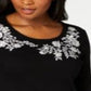Karen Scott Blusa feminina bordada com manga 3/4, preta, tamanho pequeno médio