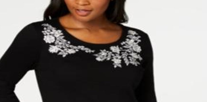Karen Scott Blusa feminina bordada com manga 3/4, preta, tamanho pequeno médio