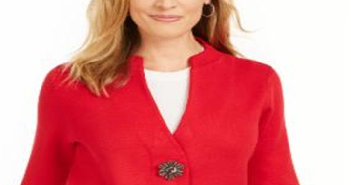 Cardigan feminino JM Collection com broche para festa de fim de ano, vermelho, tamanho médio