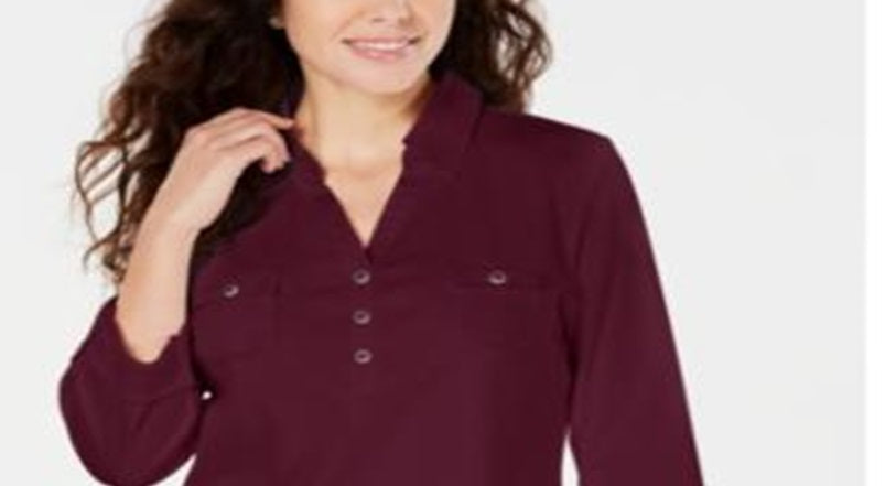 Camisa utilitária feminina Karen Scott de algodão com gola Johnny, vermelha, tamanho grande