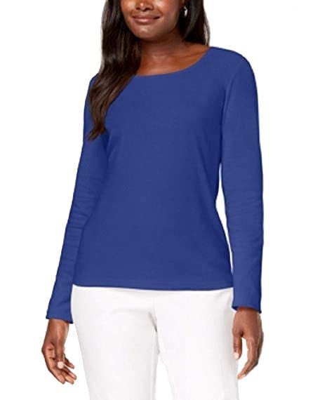 Blusa feminina Karen Scott de algodão com decote redondo, azul, tamanho PSM