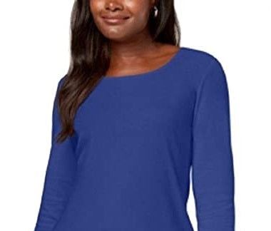 Blusa feminina Karen Scott de algodão com decote redondo, azul, tamanho PSM