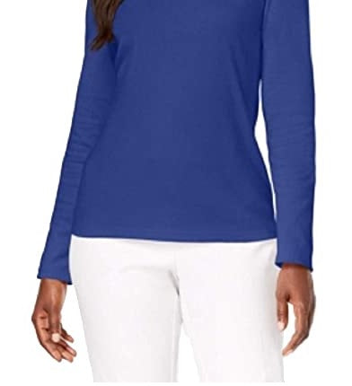 Blusa feminina Karen Scott de algodão com decote redondo, azul, tamanho PSM