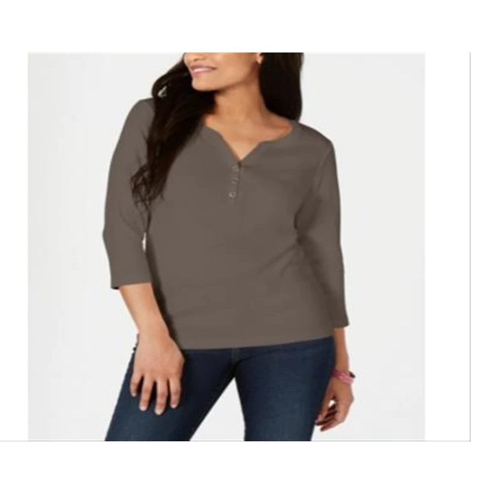 Karen Scott Top Henley de algodão feminino, cinza, tamanho XS