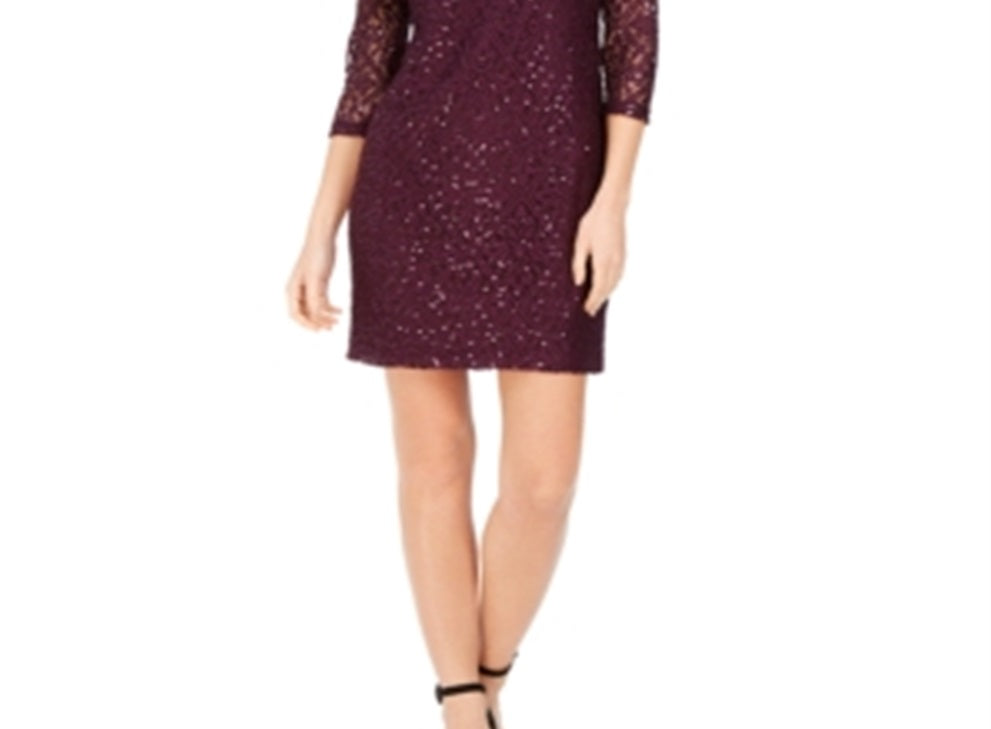 Vestido de festa curto com decote em joia e manga comprida Jessica Howard, roxo, tamanho 4, pequeno
