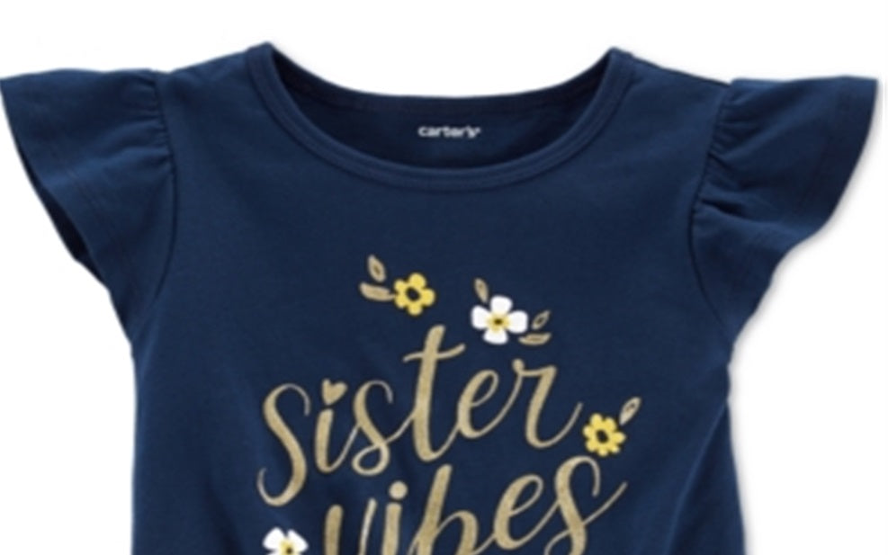 Camiseta Carter's Infantil para Meninas com Estampa Vibes e Amarração Frontal em Algodão Azul, Tamanho 3T