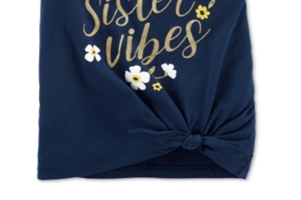 Camiseta Carter's Infantil para Meninas com Estampa Vibes e Amarração Frontal em Algodão Azul, Tamanho 3T