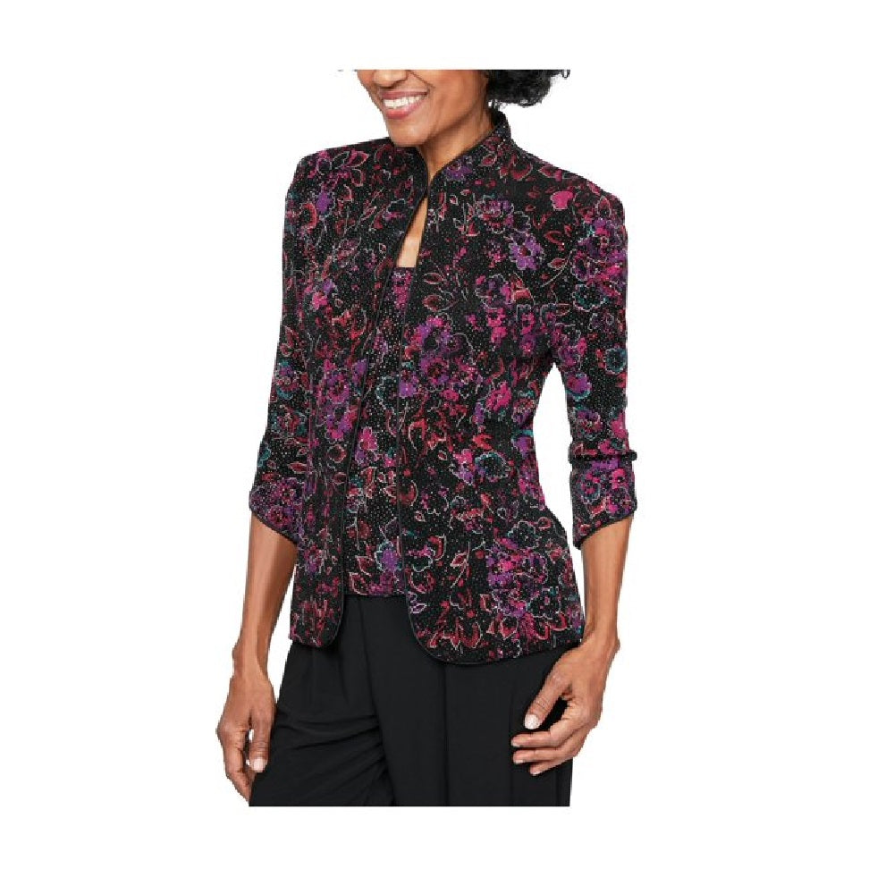 Alex Evenings Blusa de noite feminina com alças finas e decote redondo e estampa floral, preta, tamanho pequeno médio
