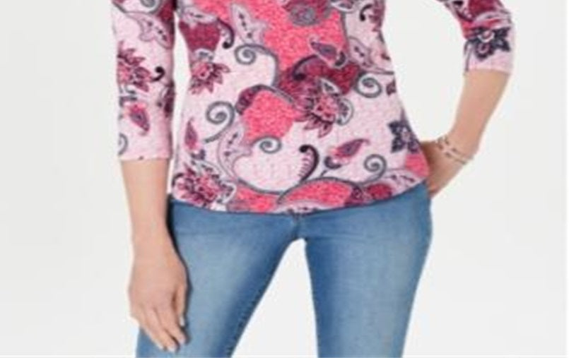 Top feminino de algodão estampado com manga 3/4 Charter Club, rosa, tamanho XX-G