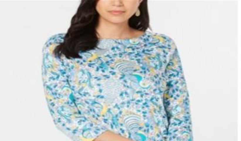 Charter Club Blusa feminina de algodão pima com estampa de gola canoa, azul, tamanho médio