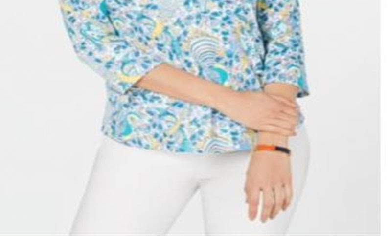 Charter Club Blusa feminina de algodão pima com estampa de gola canoa, azul, tamanho médio