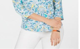 Charter Club Blusa feminina de algodão pima com estampa de gola canoa, azul, tamanho médio