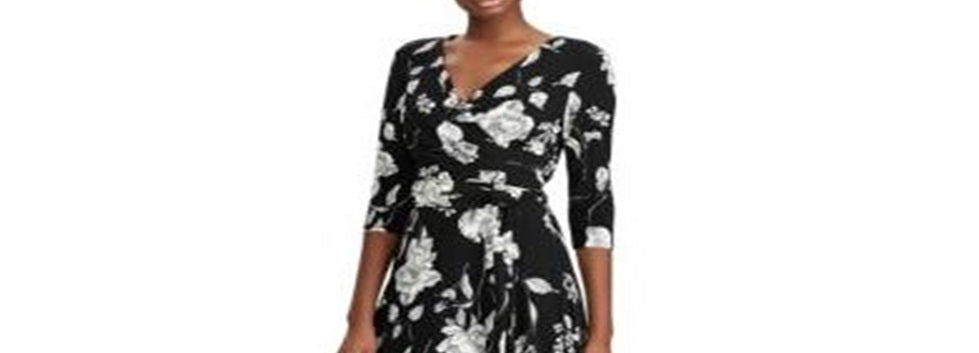Vestido midi Ralph Lauren feminino, creme, floral, sobrepeliz, ajuste evasê, preto, tamanho 6