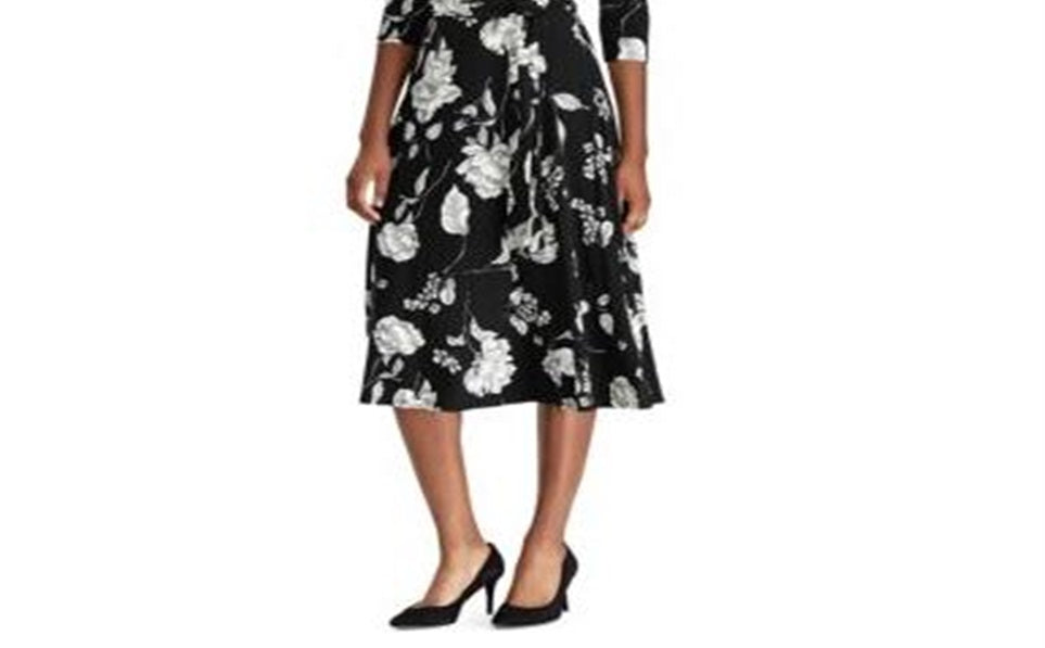 Vestido midi Ralph Lauren feminino, creme, floral, sobrepeliz, ajuste evasê, preto, tamanho 6