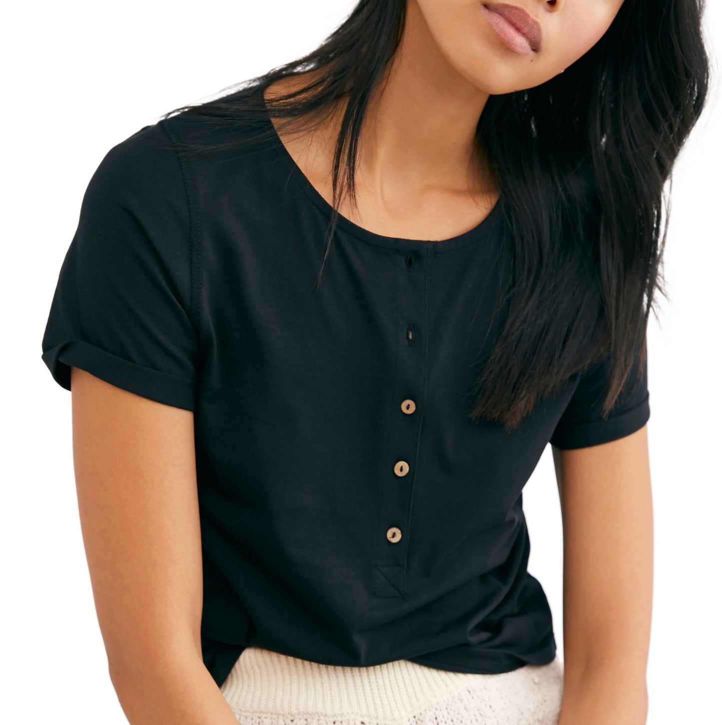 Top Henley Casual What's Up Crop Feminino da Free People Preto Tamanho Grande