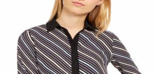Blusa feminina Anne Klein Milano listrada com botões e gola alta, preta, tamanho pequeno