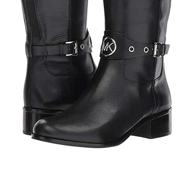 Botas femininas Michael Kors de cano alto, bico fechado, pretas, tamanho 5,5