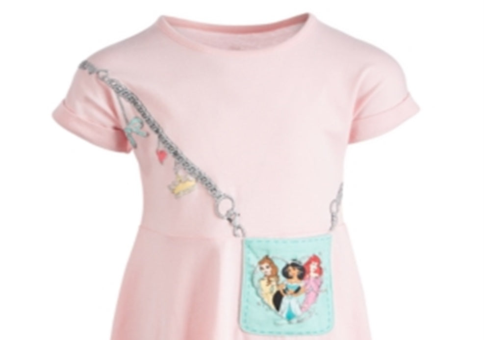 Vestido com bolsa das três princesas da Disney para meninas, rosa, tamanho 4