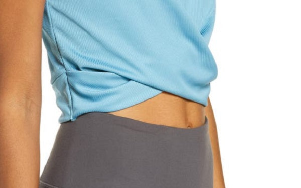 Camiseta de treino Nike Dry Crop Twist feminina, azul, tamanho pequeno