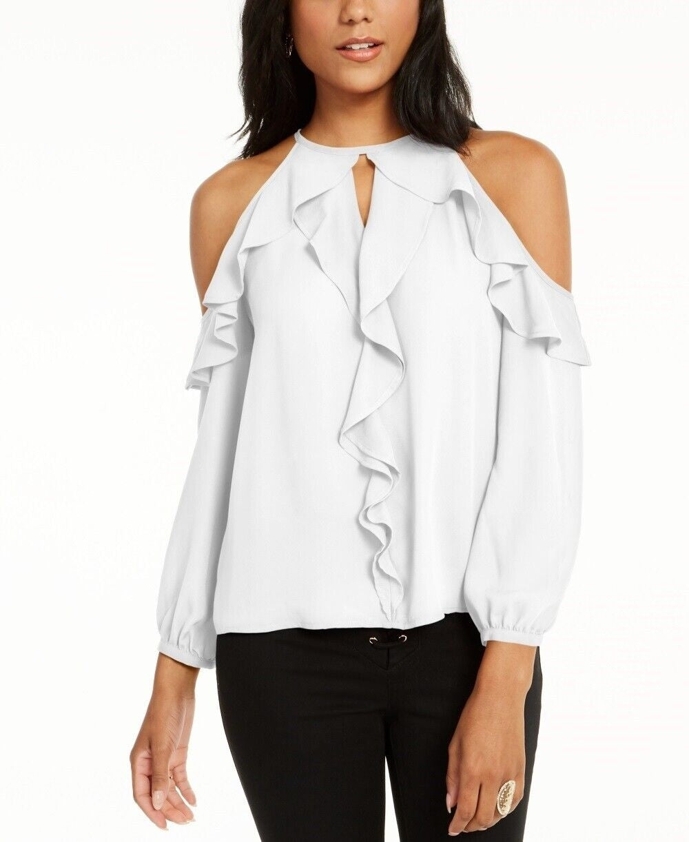 Blusa feminina Thalia Sodi com babados e ombros descobertos, branca, tamanho extragrande