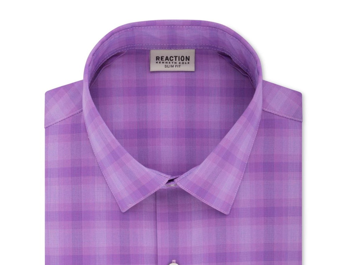 Camisa xadrez masculina Kenneth Cole Reaction Slim Fit com botões, roxa, tamanho 16x34-35