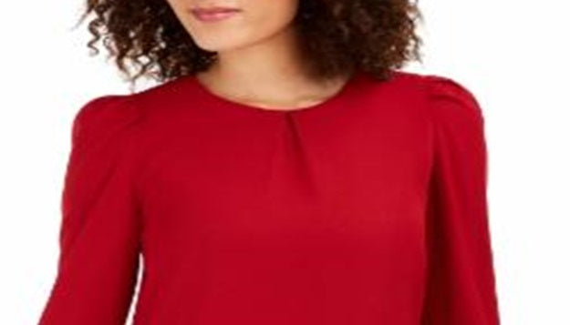 Blusa franzida feminina Anne Klein, manga longa, vermelha, tamanho XX-S