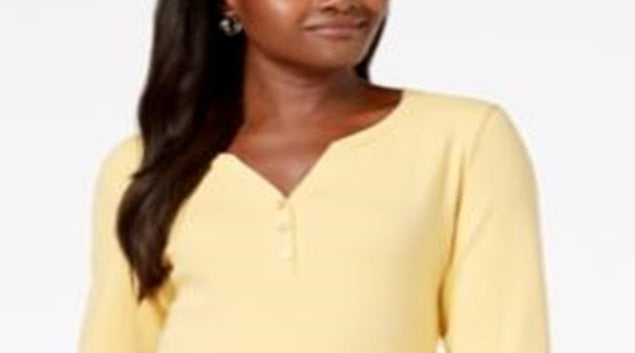 Karen Scott Top Henley de algodão feminino, amarelo, tamanho X-S