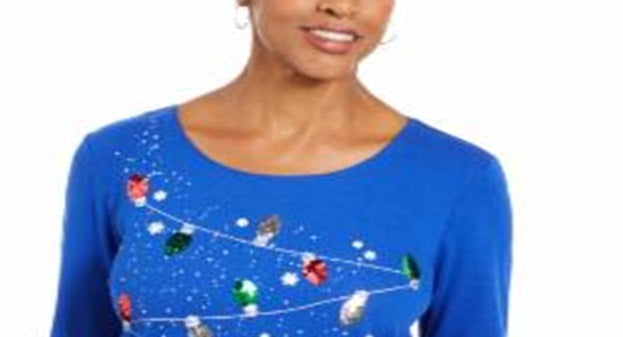 Blusa de algodão com detalhes Karen Scott para mulheres, azul, tamanho X-S
