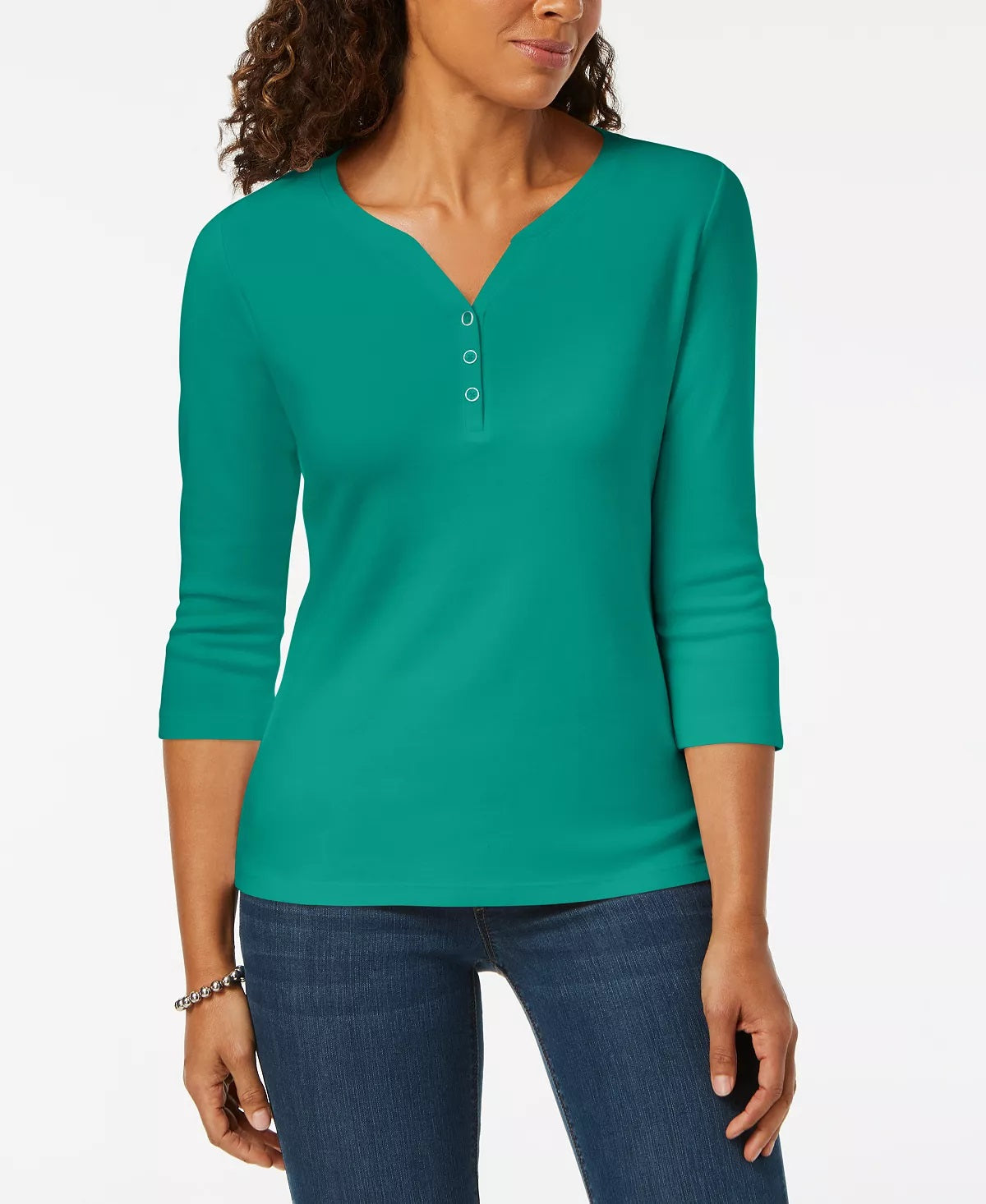 Karen Scott Top Henley de algodão feminino, azul-petróleo, tamanho extrapequeno