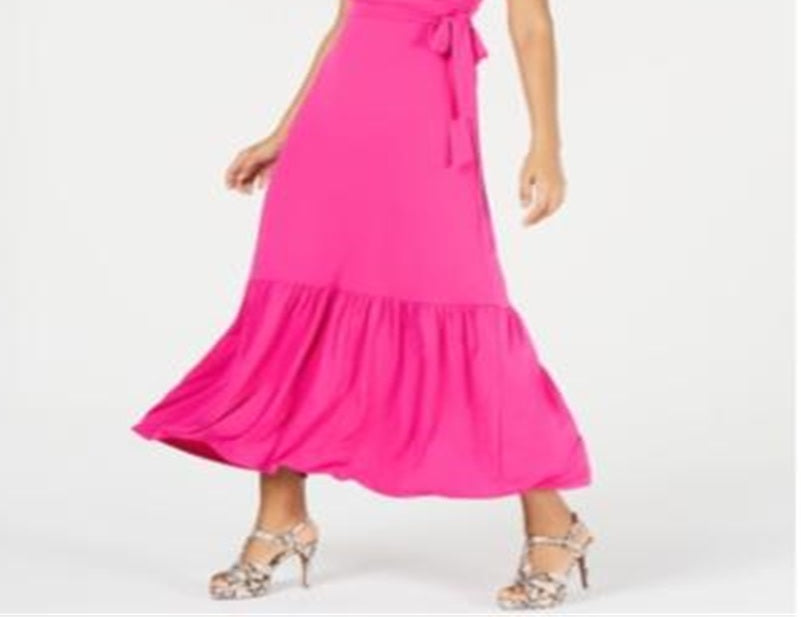 Vestido longo feminino Thalia Sodi com babados e estampa de envelope falso, rosa, tamanho extragrande
