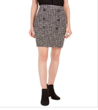 Saia lápis de tweed com detalhe de botão Bar III feminina, preta, tamanho 6