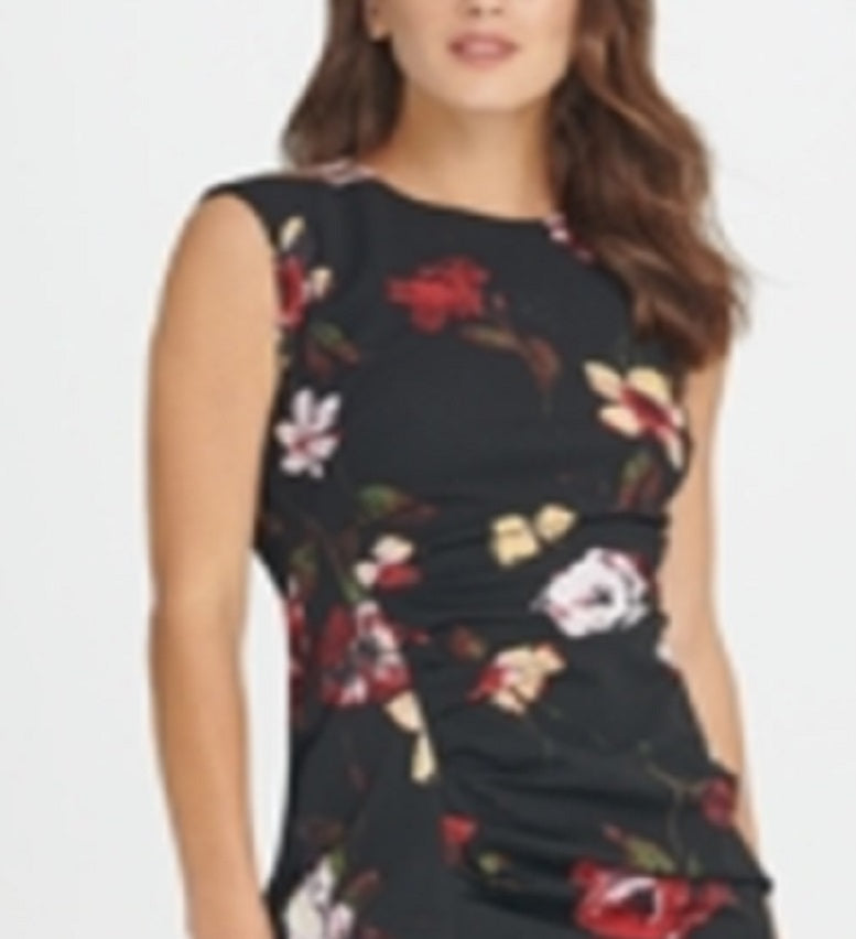 Vestido tubinho com estampa floral franzida DKNY feminino, preto, tamanho 12