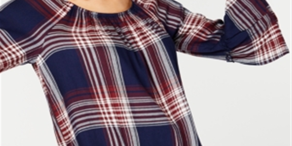 BCX Top feminino xadrez com manga sino e gola joia estilo camponês, azul, tamanho pequeno