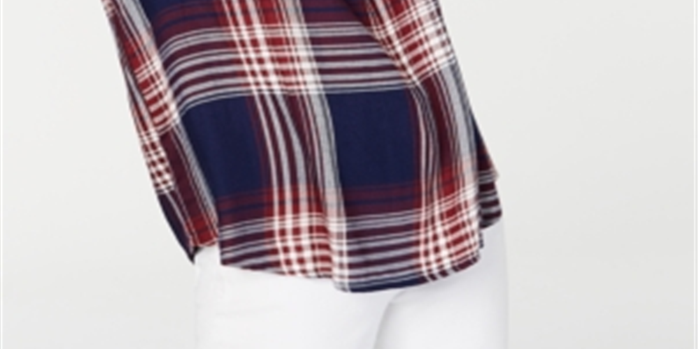 BCX Top feminino xadrez com manga sino e gola joia estilo camponês, azul, tamanho pequeno