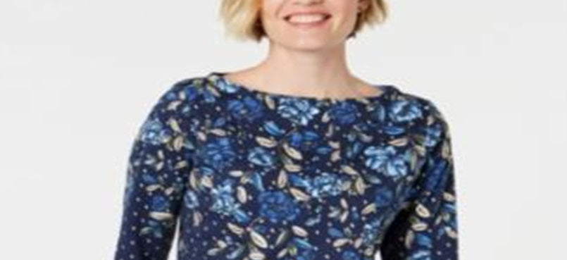 Blusa feminina Karen Scott estampada com manga 3/4, azul, tamanho pequeno