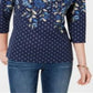 Blusa feminina Karen Scott estampada com manga 3/4, azul, tamanho pequeno