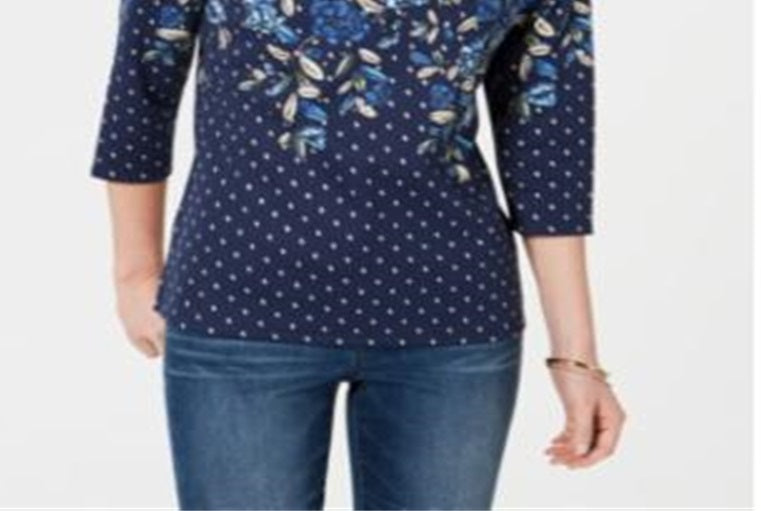 Blusa feminina Karen Scott estampada com manga 3/4, azul, tamanho pequeno