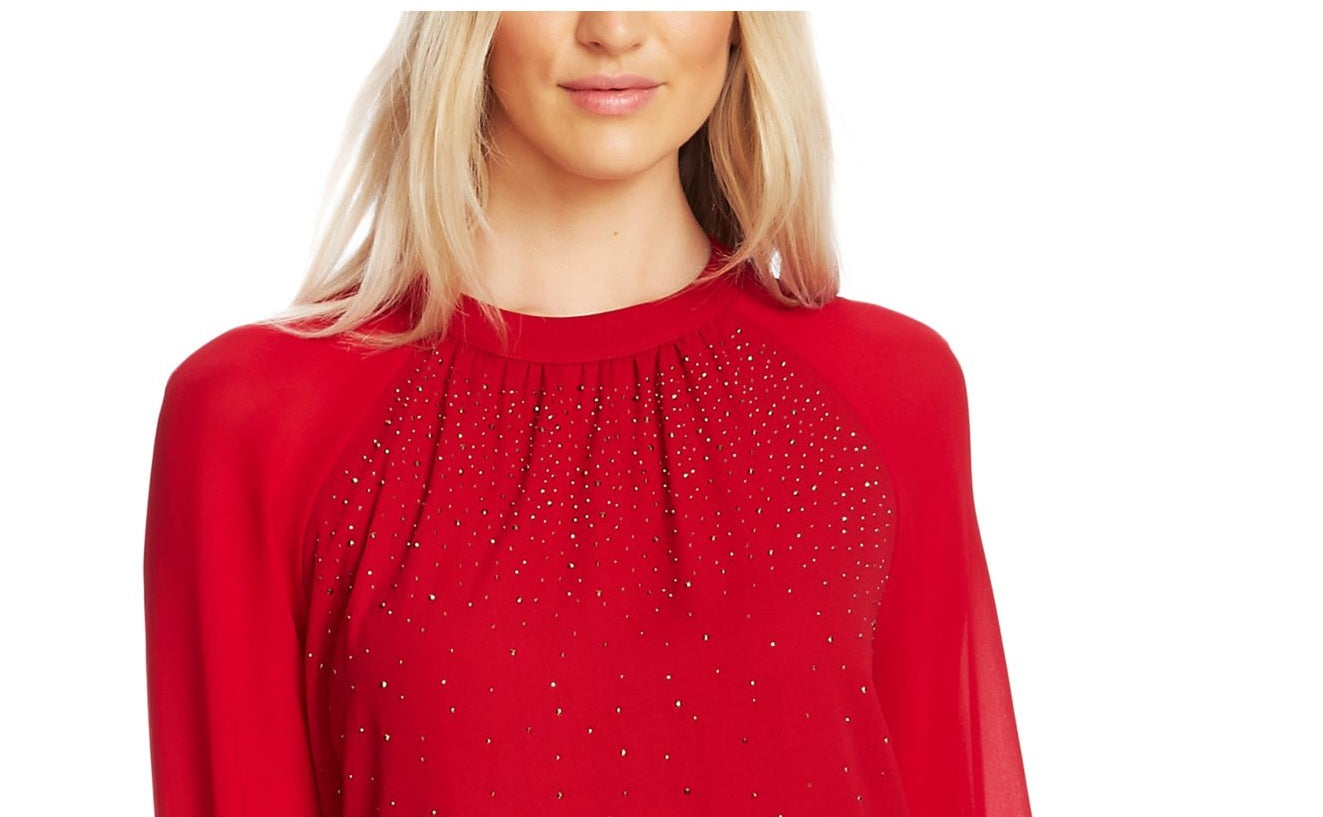 Vince Camuto Top feminino com manga transparente e detalhes em vermelho, tamanho extragrande