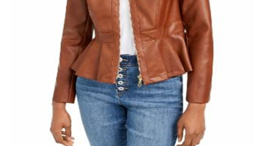 Jaqueta peplum feminina de couro sintético INC International Concepts marrom tamanho pequeno G