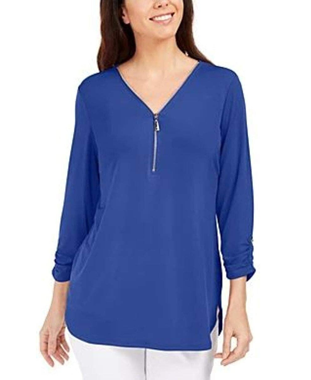 Blusa feminina JM Collection com zíper e manga 3/4, azul, tamanho médio