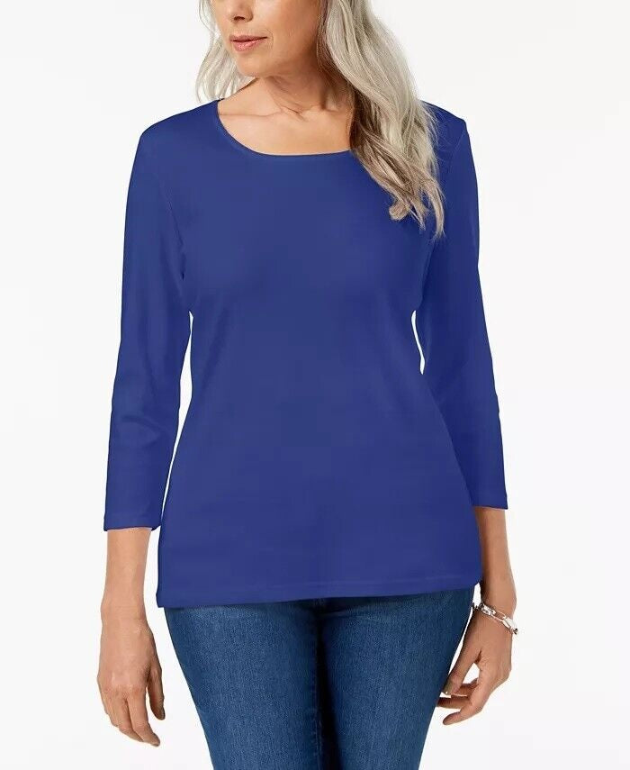 Karen Scott Blusa feminina de algodão com decote redondo, azul, tamanho pequeno GG