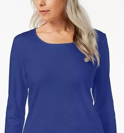 Karen Scott Blusa feminina de algodão com decote redondo, azul, tamanho pequeno GG