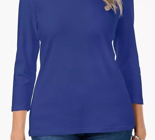 Karen Scott Blusa feminina de algodão com decote redondo, azul, tamanho pequeno GG